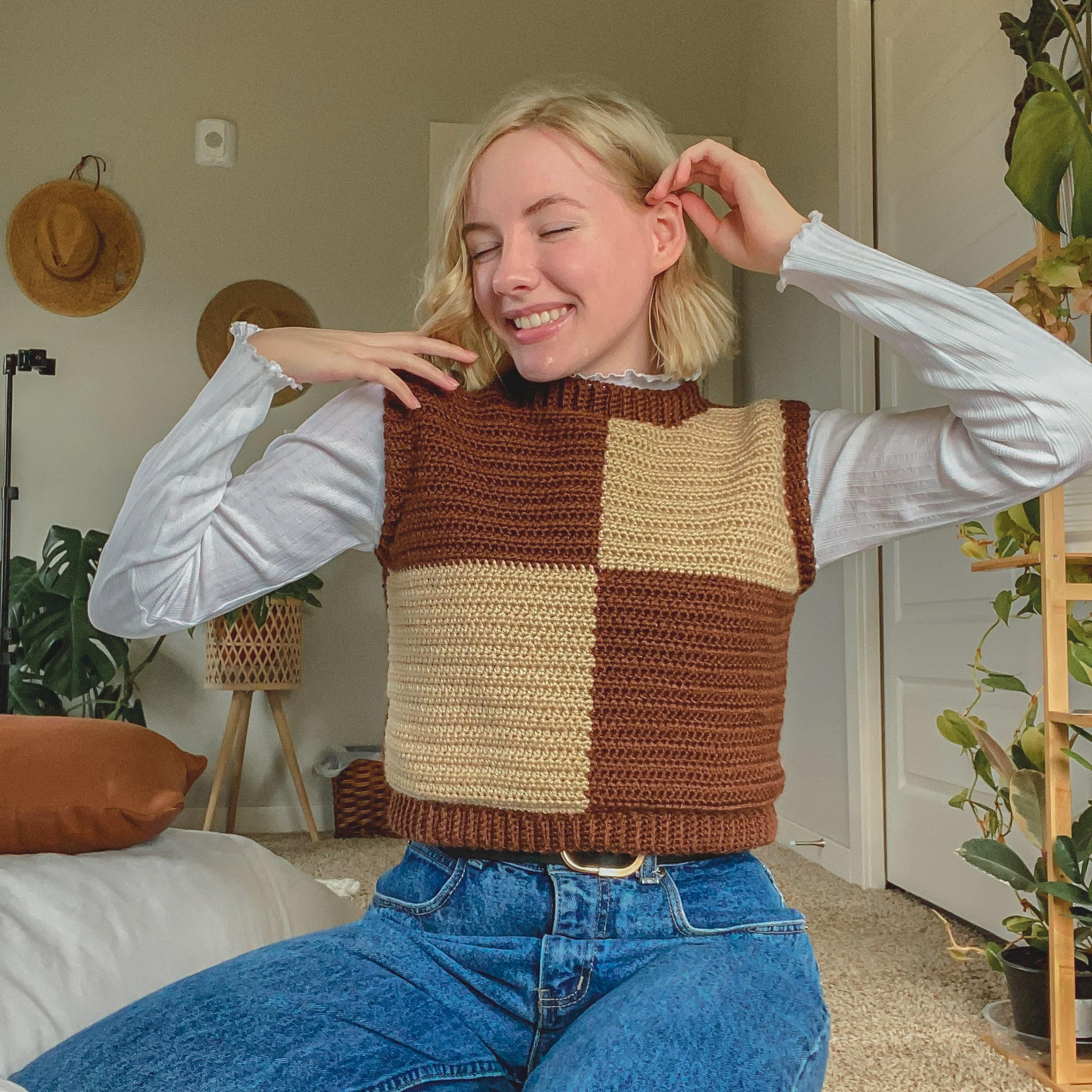 Crochet Checkerboard Sweater Vest FREE Pattern + Video Tutorial